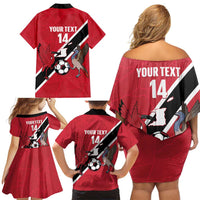 Custom Trinidad and Tobago Football Family Matching Off Shoulder Short Dress and Hawaiian Shirt Come On Soca Warriors - Wonder Print Shop