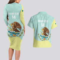 Custom Mexico Football Couples Matching Long Sleeve Bodycon Dress and Hawaiian Shirt Tu Puedes El Tricolor Cyan - Wonder Print Shop