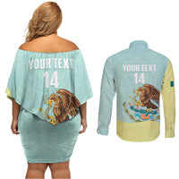 Custom Mexico Football Couples Matching Off Shoulder Short Dress and Long Sleeve Button Shirt Tu Puedes El Tricolor Cyan - Wonder Print Shop