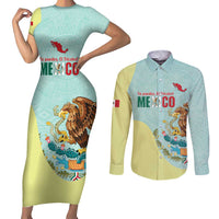 Custom Mexico Football Couples Matching Short Sleeve Bodycon Dress and Long Sleeve Button Shirt Tu Puedes El Tricolor Cyan - Wonder Print Shop
