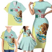 Custom Mexico Football Family Matching Short Sleeve Bodycon Dress and Hawaiian Shirt Tu Puedes El Tricolor Cyan - Wonder Print Shop