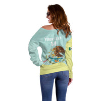 Custom Mexico Football Off Shoulder Sweater Tu Puedes El Tricolor Cyan - Wonder Print Shop