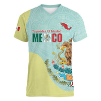 Custom Mexico Football Women V-Neck T-Shirt Tu Puedes El Tricolor Cyan - Wonder Print Shop