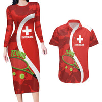 Personalised Switzerland Tennis Couples Matching Long Sleeve Bodycon Dress and Hawaiian Shirt Swiss Born To Play - Wonder Print Shop