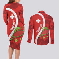Personalised Switzerland Tennis Couples Matching Long Sleeve Bodycon Dress and Long Sleeve Button Shirt Swiss Born To Play - Wonder Print Shop