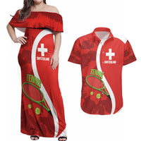 Personalised Switzerland Tennis Couples Matching Off Shoulder Maxi Dress and Hawaiian Shirt Swiss Born To Play - Wonder Print Shop