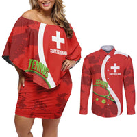 Personalised Switzerland Tennis Couples Matching Off Shoulder Short Dress and Long Sleeve Button Shirt Swiss Born To Play - Wonder Print Shop