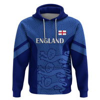 Blue England pullover hoodie with hood drawstrings and Lions front graphic, flag patch