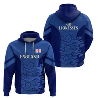 Blue England pullover hoodie showing front and back: Lions graphic and 'Go Lionesses'