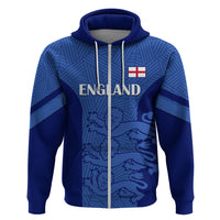 Blue England pullover hoodie with hood drawstrings, front Lions graphic and crest flag