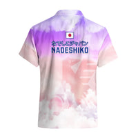 Pastel purple-pink short-sleeve Hawaiian shirt, Nadeshiko text with Japan flag on back