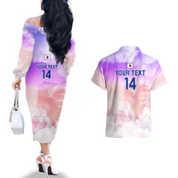 Custom Japan Football Couples Matching Off The Shoulder Long Sleeve Dress and Hawaiian Shirt Go Nadeshiko 2023 World Cup - Wonder Print Shop
