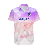 Japan crest front Hawaiian shirt, pastel purple and pink watercolor, short-sleeve button-up