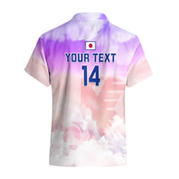 Back of Hawaiian shirt, custom text '14' with Japan flag icon, pastel purple-pink clouds