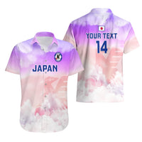Hawaiian shirt with custom text and '14' on back, pastel purple-pink, short-sleeve buttons