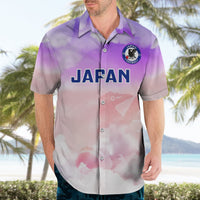 Men's Japan button-up Hawaiian shirt, lavender-to-pink watercolor, front crest and JAPAN print