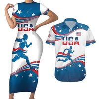 Custom USA Athletics Couples Matching Short Sleeve Bodycon Dress and Hawaiian Shirt 2024 United States Flag Curve Style - Wonder Print Shop