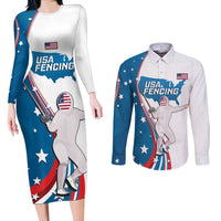 Personalized USA Fencing Couples Matching Long Sleeve Bodycon Dress and Long Sleeve Button Shirt 2024 United States Flag Curve Style - Wonder Print Shop