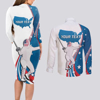 Personalized USA Fencing Couples Matching Long Sleeve Bodycon Dress and Long Sleeve Button Shirt 2024 United States Flag Curve Style - Wonder Print Shop