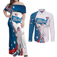 Personalized USA Fencing Couples Matching Off Shoulder Maxi Dress and Long Sleeve Button Shirt 2024 United States Flag Curve Style - Wonder Print Shop