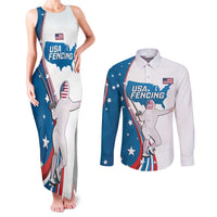 Personalized USA Fencing Couples Matching Tank Maxi Dress and Long Sleeve Button Shirt 2024 United States Flag Curve Style - Wonder Print Shop