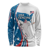 Personalized USA Fencing Long Sleeve Shirt 2024 United States Flag Curve Style - Wonder Print Shop