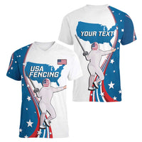 Personalized USA Fencing Women V-Neck T-Shirt 2024 United States Flag Curve Style - Wonder Print Shop
