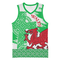 Grunge Green Wales Basketball Jersey Celtic Cross Welsh Red Dragon - Wonder Print Shop