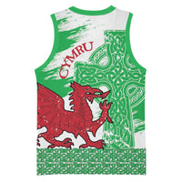 Grunge Green Wales Basketball Jersey Celtic Cross Welsh Red Dragon - Wonder Print Shop