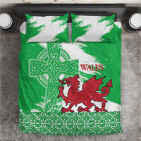 Grunge Green Wales Bedding Set Celtic Cross Welsh Red Dragon - Wonder Print Shop