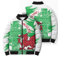 Grunge Green Wales Bomber Puffer Jacket Celtic Cross Welsh Red Dragon - Wonder Print Shop