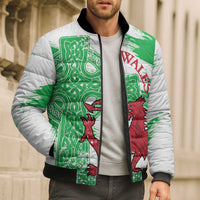 Grunge Green Wales Bomber Puffer Jacket Celtic Cross Welsh Red Dragon - Wonder Print Shop