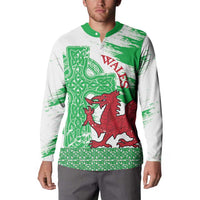 Grunge Green Wales Button Sweatshirt Celtic Cross Welsh Red Dragon - Wonder Print Shop