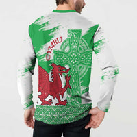 Grunge Green Wales Button Sweatshirt Celtic Cross Welsh Red Dragon - Wonder Print Shop
