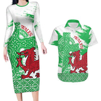 Grunge Green Wales Couples Matching Long Sleeve Bodycon Dress and Hawaiian Shirt Celtic Cross Welsh Red Dragon - Wonder Print Shop
