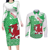 Grunge Green Wales Couples Matching Long Sleeve Bodycon Dress and Long Sleeve Button Shirt Celtic Cross Welsh Red Dragon - Wonder Print Shop