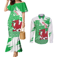 Grunge Green Wales Couples Matching Mermaid Dress and Long Sleeve Button Shirt Celtic Cross Welsh Red Dragon - Wonder Print Shop