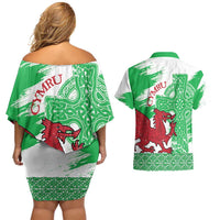 Grunge Green Wales Couples Matching Off Shoulder Short Dress and Hawaiian Shirt Celtic Cross Welsh Red Dragon - Wonder Print Shop