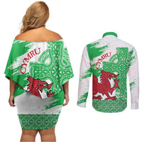 Grunge Green Wales Couples Matching Off Shoulder Short Dress and Long Sleeve Button Shirt Celtic Cross Welsh Red Dragon - Wonder Print Shop