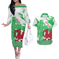 Grunge Green Wales Couples Matching Off The Shoulder Long Sleeve Dress and Hawaiian Shirt Celtic Cross Welsh Red Dragon - Wonder Print Shop