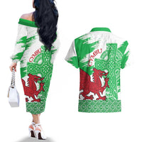 Grunge Green Wales Couples Matching Off The Shoulder Long Sleeve Dress and Hawaiian Shirt Celtic Cross Welsh Red Dragon - Wonder Print Shop