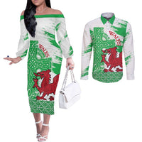 Grunge Green Wales Couples Matching Off The Shoulder Long Sleeve Dress and Long Sleeve Button Shirt Celtic Cross Welsh Red Dragon - Wonder Print Shop