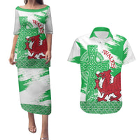 Grunge Green Wales Couples Matching Puletasi and Hawaiian Shirt Celtic Cross Welsh Red Dragon - Wonder Print Shop