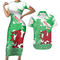 Grunge Green Wales Couples Matching Short Sleeve Bodycon Dress and Hawaiian Shirt Celtic Cross Welsh Red Dragon - Wonder Print Shop