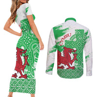 Grunge Green Wales Couples Matching Short Sleeve Bodycon Dress and Long Sleeve Button Shirt Celtic Cross Welsh Red Dragon - Wonder Print Shop