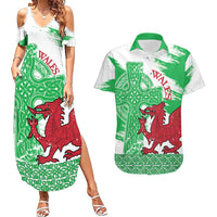 Grunge Green Wales Couples Matching Summer Maxi Dress and Hawaiian Shirt Celtic Cross Welsh Red Dragon - Wonder Print Shop