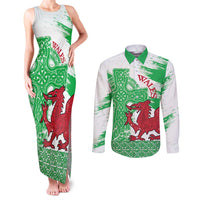 Grunge Green Wales Couples Matching Tank Maxi Dress and Long Sleeve Button Shirt Celtic Cross Welsh Red Dragon - Wonder Print Shop
