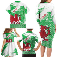 Grunge Green Wales Family Matching Long Sleeve Bodycon Dress and Hawaiian Shirt Celtic Cross Welsh Red Dragon - Wonder Print Shop