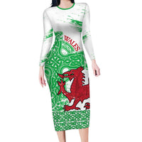 Grunge Green Wales Family Matching Long Sleeve Bodycon Dress and Hawaiian Shirt Celtic Cross Welsh Red Dragon - Wonder Print Shop