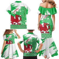 Grunge Green Wales Family Matching Mermaid Dress and Hawaiian Shirt Celtic Cross Welsh Red Dragon - Wonder Print Shop